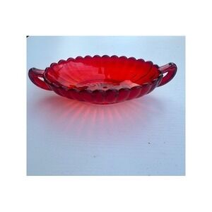 Vintage Ruby Red Glass Candy Dish Scalloped Double Handle Oval Nut Bowl 8.5in